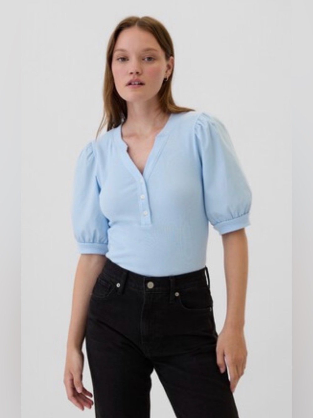 GAP NWOT Blue Ribbed Henley Puff Sleeve Top
